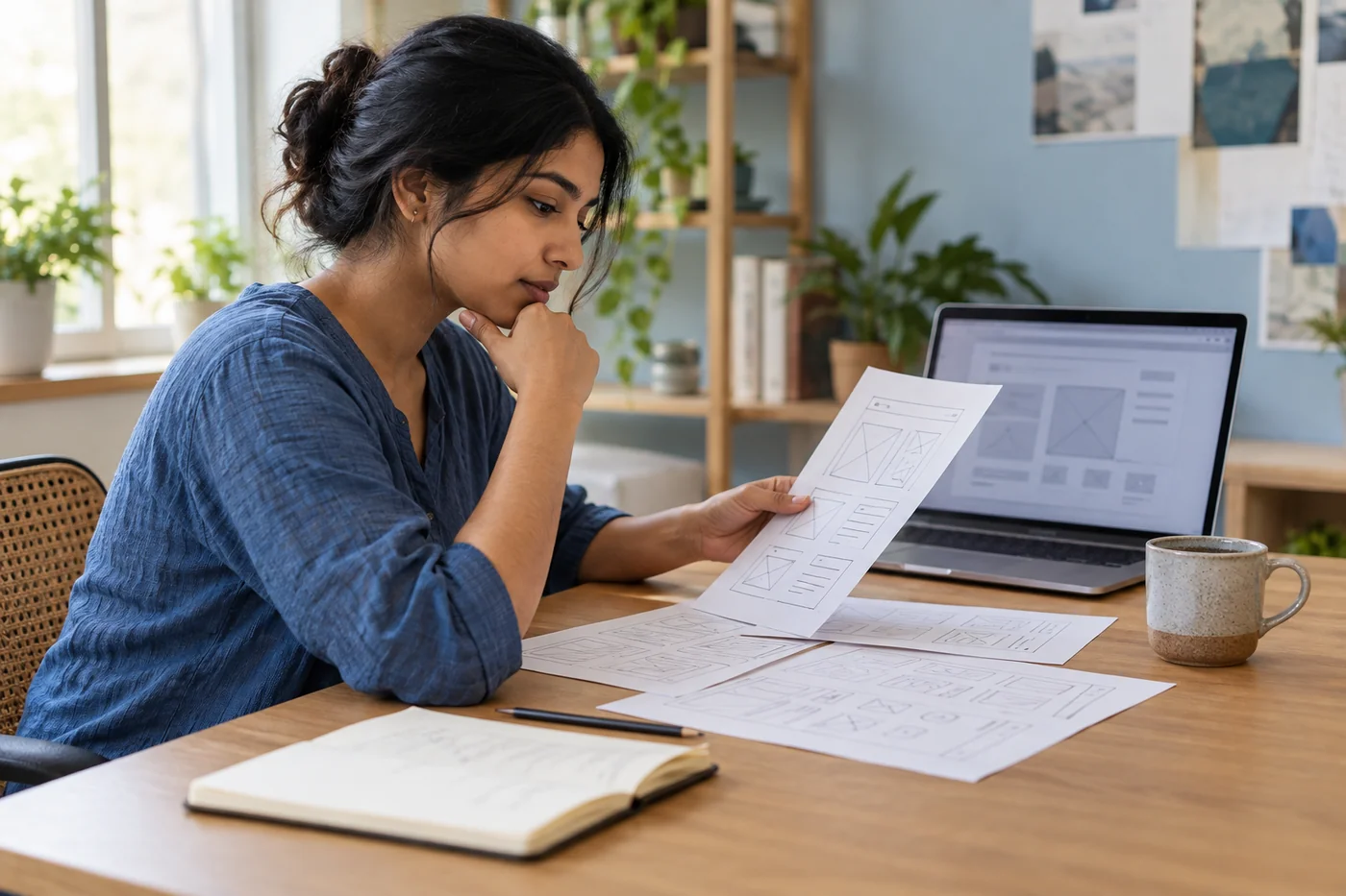 A designer reviewing interface sketches beside a laptop.