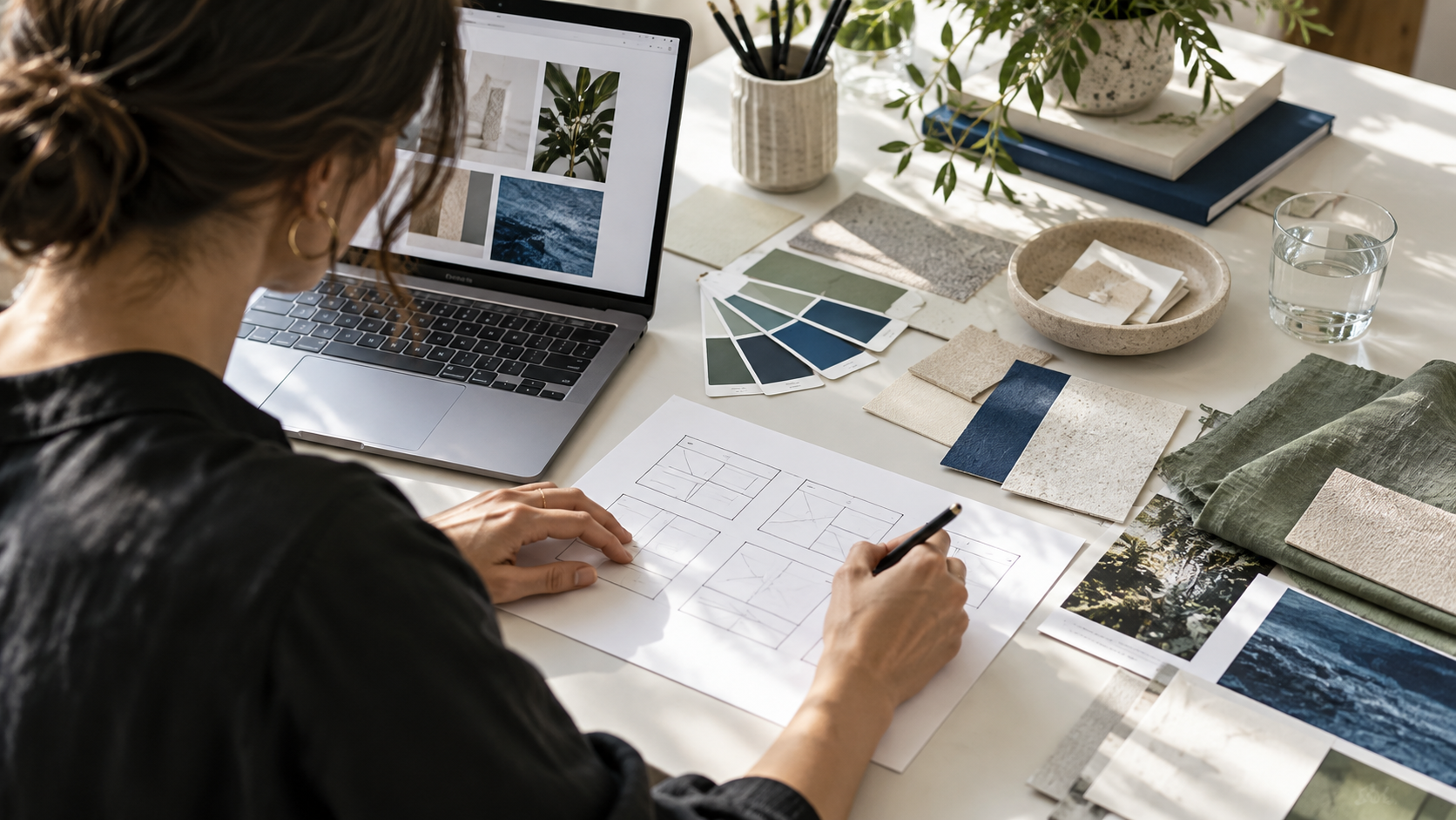A designer sketching interface layouts beside a laptop and tactile material samples.