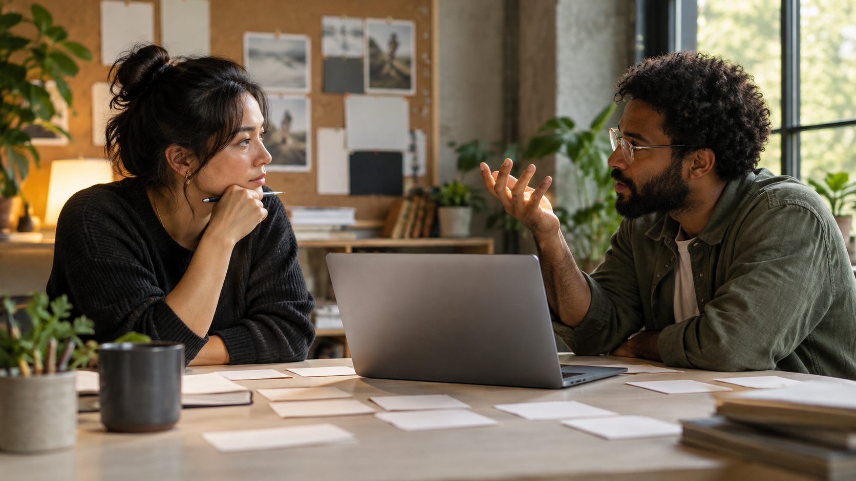 Two designers comparing research notes at a studio table with a laptop nearby.