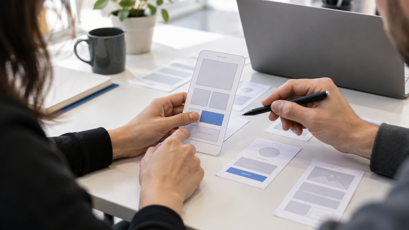 A designer observing someone try a simple paper interface prototype.
