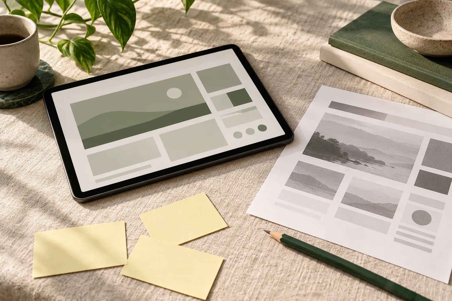 A tablet prototype, printed page layouts and green pencil on a linen-covered design desk.