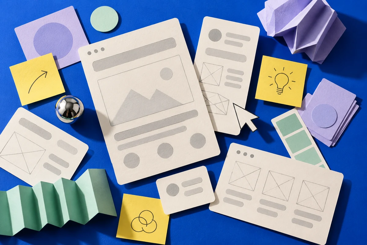 Tactile wireframe cards, sticky notes, and color swatches on a cobalt design workbench